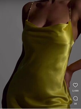 Meshki Chartreuse Satin Slip Dress with Gold Chain